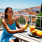 Energizing Morning in Lisbon**

"A vibrant photograph of a young woman enjoying a healthy breakfast on a sunny balcony overlooking Lisbon's Alfama district. She's wearing a comfortable, stylish dress and smiles warmly. On the table is a bowl of fresh fruit (banana, papaya, mango), a glass of freshly squeezed orange juice, and a pastel de nata. In the background, the Tagus River glistens. Focus on bright colors and a feeling of well-being. Safe for work, fully clothed, appropriate content, professional, family-friendly, perfect anatomy, natural proportions, high quality, well-formed hands, proper finger count, natural body proportions."

**