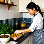 **

A cozy kitchen scene with a focus on preparing a meal with Asian ingredients. On the counter, we see ingredients like ginger, turmeric, seaweed, and shiitake mushrooms, all neatly arranged. A person, fully clothed in a modest apron, is chopping vegetables with a focused and peaceful expression. The background shows a warmly lit kitchen with traditional Portuguese tiles. safe for work, appropriate content, fully clothed, professional, perfect anatomy, correct proportions, natural pose, well-formed hands, proper finger count, natural body proportions, high quality.

**