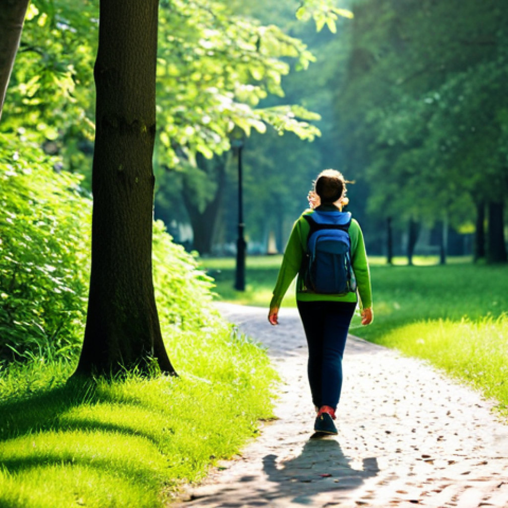세로토닌과 신진대사 - Sunlight and Nature Walk**
"A woman, fully clothed in comfortable hiking attire, walking through a ...