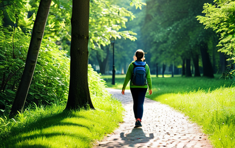 세로토닌과 신진대사 - Sunlight and Nature Walk**
"A woman, fully clothed in comfortable hiking attire, walking through a ...
