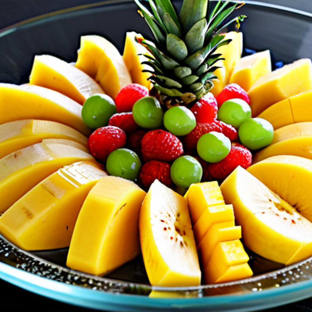 세로토닌을 높이는 후식 아이디어 - Tropical Fruit Salad**
"A vibrant and colorful tropical fruit salad in a glass bowl, featuring slic...