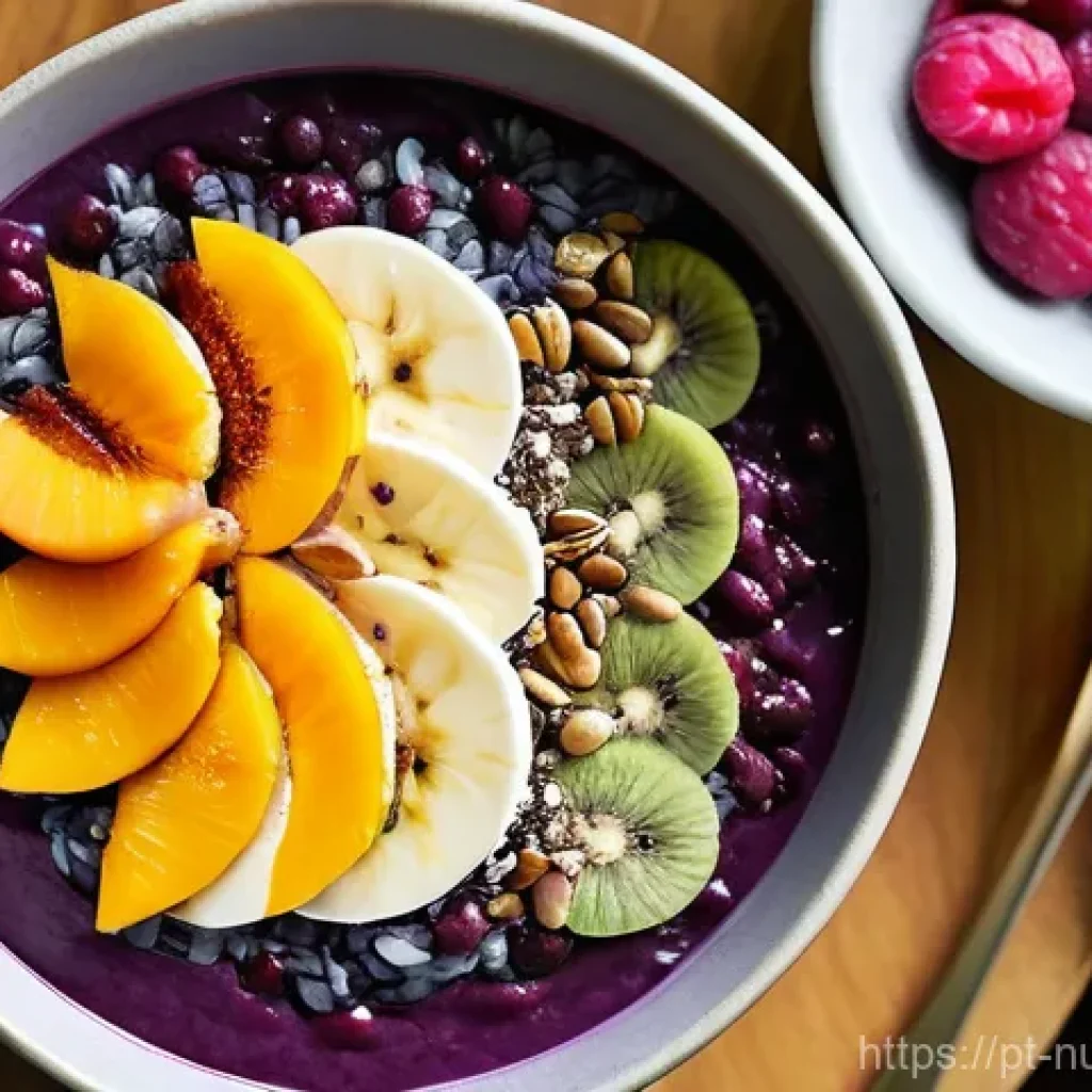 세로토닌을 높이는 채식 레시피 - **Prompt:** A close-up shot of a beautifully prepared, vibrant açaí bowl. The bowl is filled with ri...