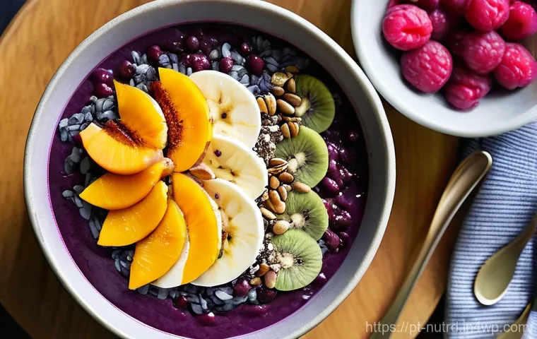 세로토닌을 높이는 채식 레시피 - **Prompt:** A close-up shot of a beautifully prepared, vibrant a&ccedil;a&iacute; bowl. The bowl is filled with ri...