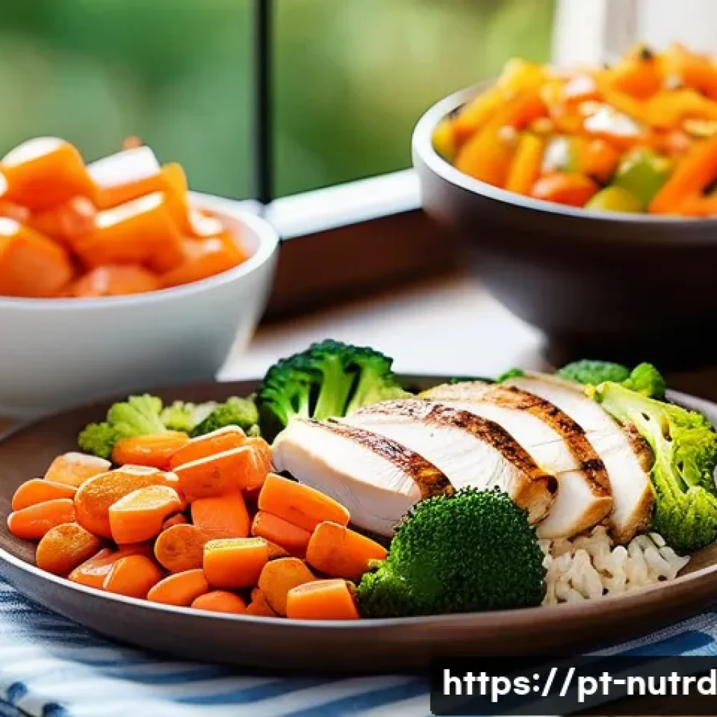 세로토닌을 위한 고단백 식품 - A vibrant and colorful Portuguese kitchen scene featuring a healthy lunch plate with grilled chicken...