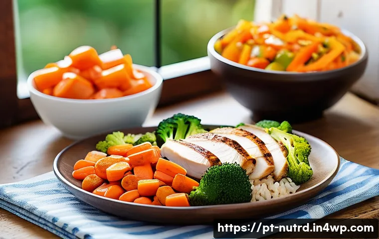 세로토닌을 위한 고단백 식품 - A vibrant and colorful Portuguese kitchen scene featuring a healthy lunch plate with grilled chicken...