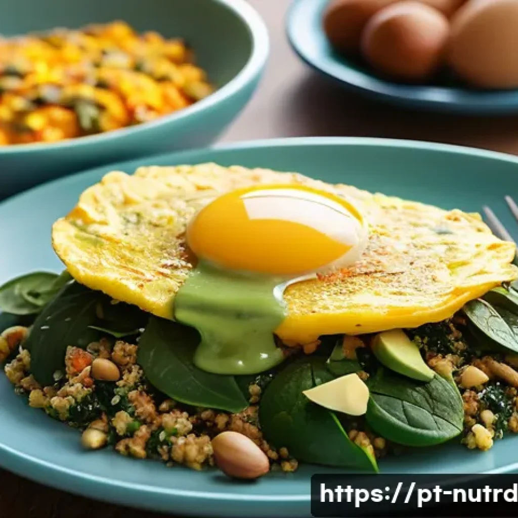 세로토닌 부스팅을 위한 음식 조리법 - A vibrant, inviting breakfast scene featuring a rustic wooden table set with a colorful omelette mad...