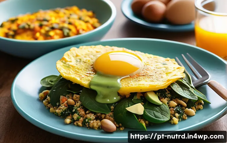 세로토닌 부스팅을 위한 음식 조리법 - A vibrant, inviting breakfast scene featuring a rustic wooden table set with a colorful omelette mad...