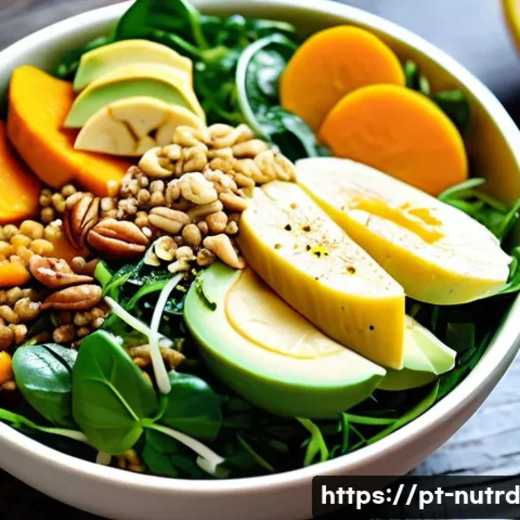 세로토닌 부스팅을 위한 샐러드 레시피 - A vibrant, fresh salad bowl on a rustic wooden table, featuring a colorful mix of arugula, watercres...