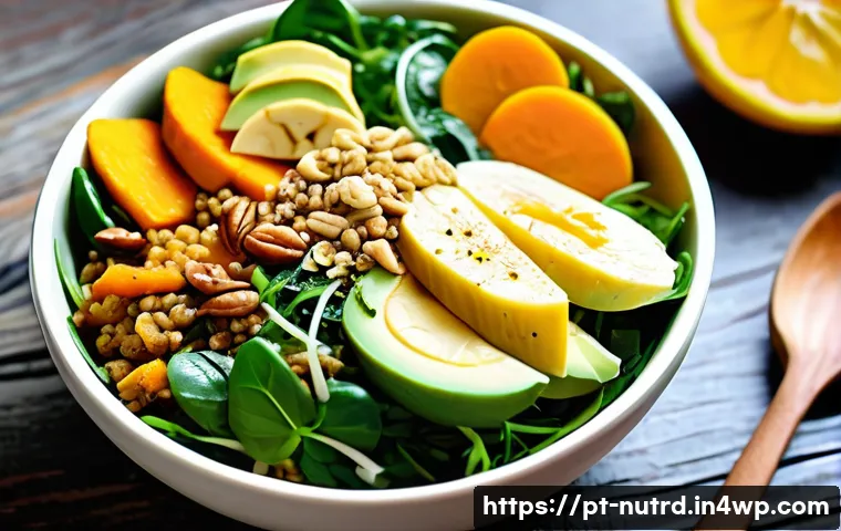 세로토닌 부스팅을 위한 샐러드 레시피 - A vibrant, fresh salad bowl on a rustic wooden table, featuring a colorful mix of arugula, watercres...