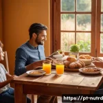 Home 20 세로토닌과 식사 빈도의 관계 - A cozy, modern kitchen scene showing a Portuguese family enjoying a balanced breakfast together at a...