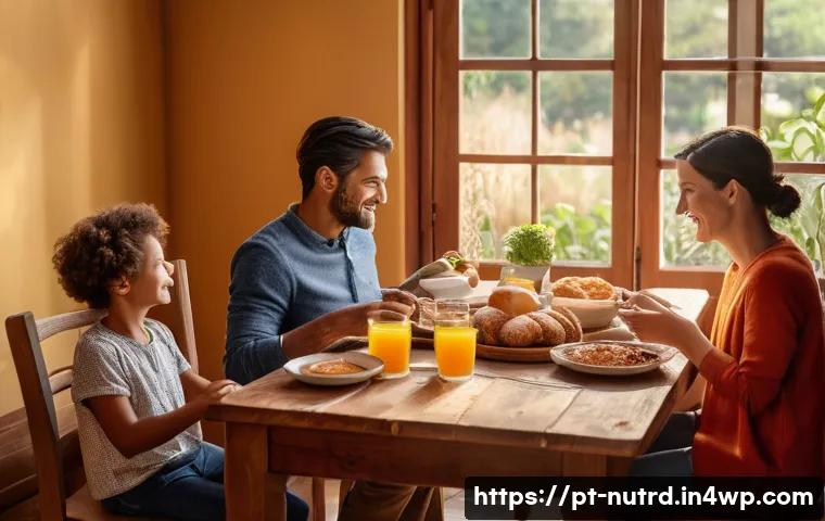 세로토닌과 식사 빈도의 관계 - A cozy, modern kitchen scene showing a Portuguese family enjoying a balanced breakfast together at a...