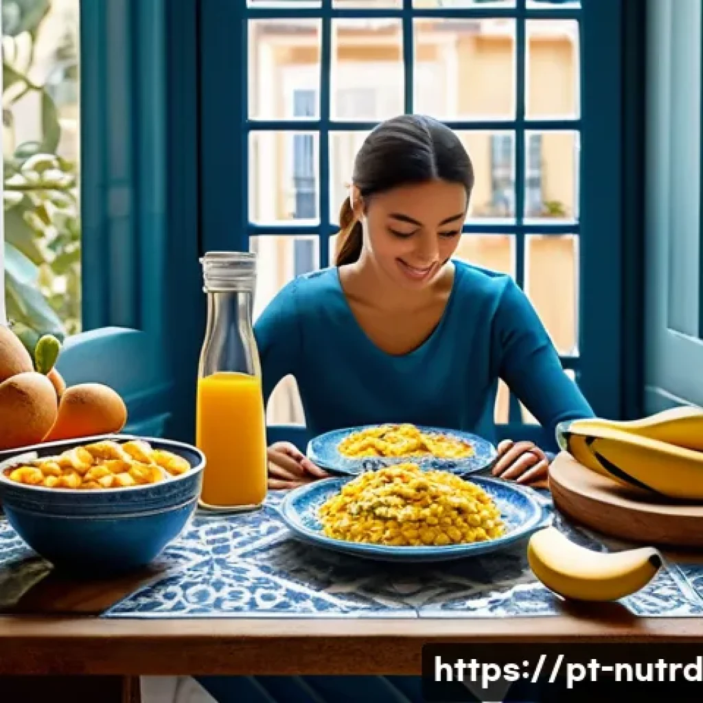 세로토닌 부스팅을 위한 음식의 소스 - A vibrant, cozy kitchen scene featuring a Portuguese family preparing a healthy breakfast. On the ta...