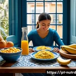 Home 19 세로토닌 부스팅을 위한 음식의 소스 - A vibrant, cozy kitchen scene featuring a Portuguese family preparing a healthy breakfast. On the ta...