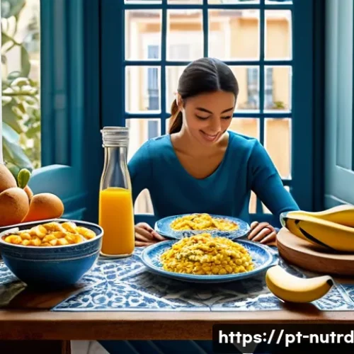 Home 31 세로토닌 부스팅을 위한 음식의 소스 - A vibrant, cozy kitchen scene featuring a Portuguese family preparing a healthy breakfast. On the ta...