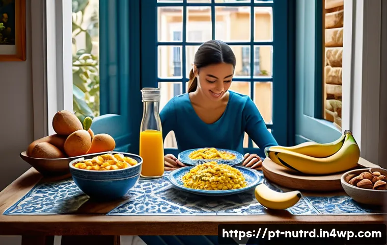 세로토닌 부스팅을 위한 음식의 소스 - A vibrant, cozy kitchen scene featuring a Portuguese family preparing a healthy breakfast. On the ta...
