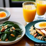 Home 18 세로토닌을 높이는 음식 조합 - A vibrant, sunlit breakfast table in a modern Brazilian kitchen featuring a colorful plate with gril...
