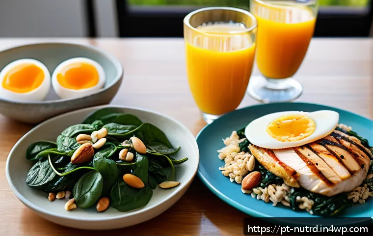 세로토닌을 높이는 음식 조합 - A vibrant, sunlit breakfast table in a modern Brazilian kitchen featuring a colorful plate with gril...