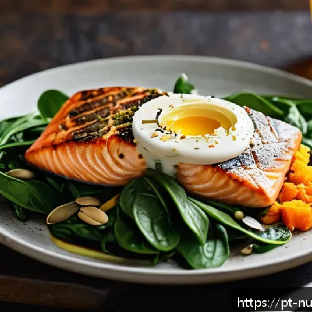 세로토닌과 식습관 변화 - A vibrant, cozy kitchen scene featuring a rustic wooden table set with a wholesome meal: a grilled s...