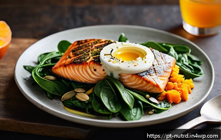 세로토닌과 식습관 변화 - A vibrant, cozy kitchen scene featuring a rustic wooden table set with a wholesome meal: a grilled s...