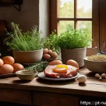 Home 22 세로토닌과 영양소의 상관관계 - A vibrant, cozy kitchen scene featuring a diverse assortment of natural, unprocessed protein-rich fo...