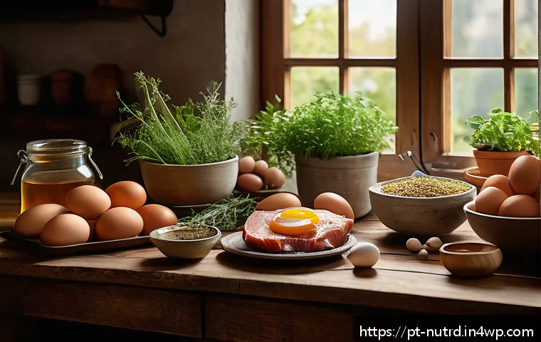 세로토닌과 영양소의 상관관계 - A vibrant, cozy kitchen scene featuring a diverse assortment of natural, unprocessed protein-rich fo...