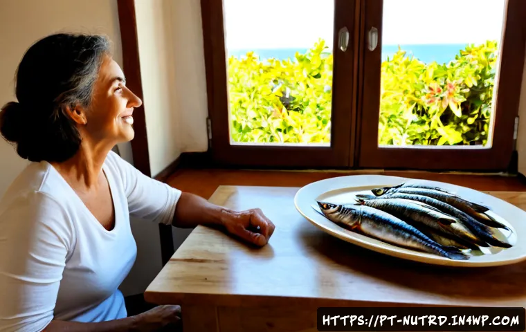 세로토닌과 오메가 3 지방산의 상관관계 - Photorealistic morning scene in a bright Portuguese coastal kitchen, fresh grilled sardines, olive o...